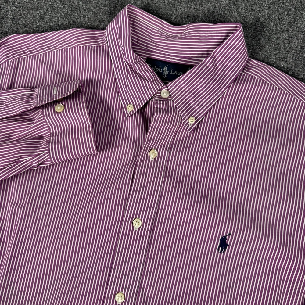 Polo Ralph Lauren Shirt Mens 16.5 34/35 Purple White Striped Button Down Dress